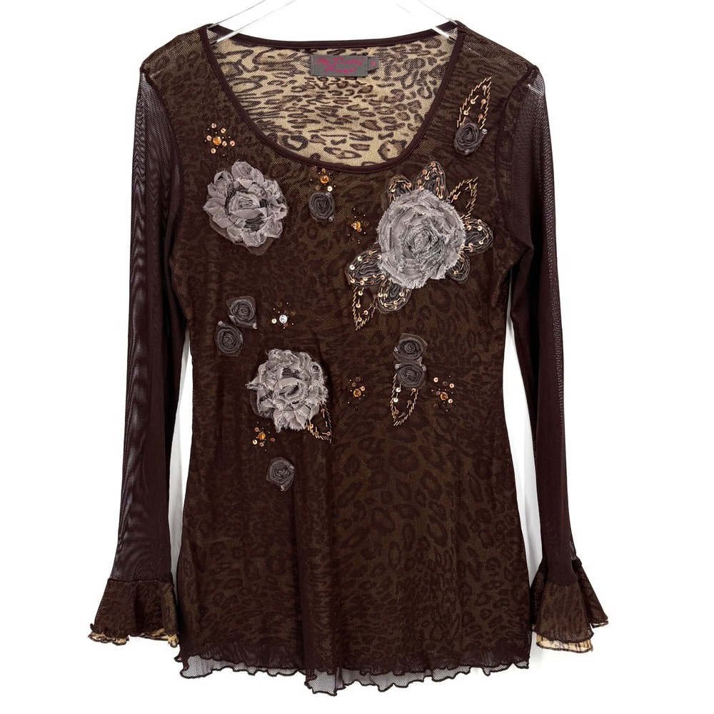 My Pretty Angel Silk Blend Mesh Embellished Top Size M Floral Brown Leopard